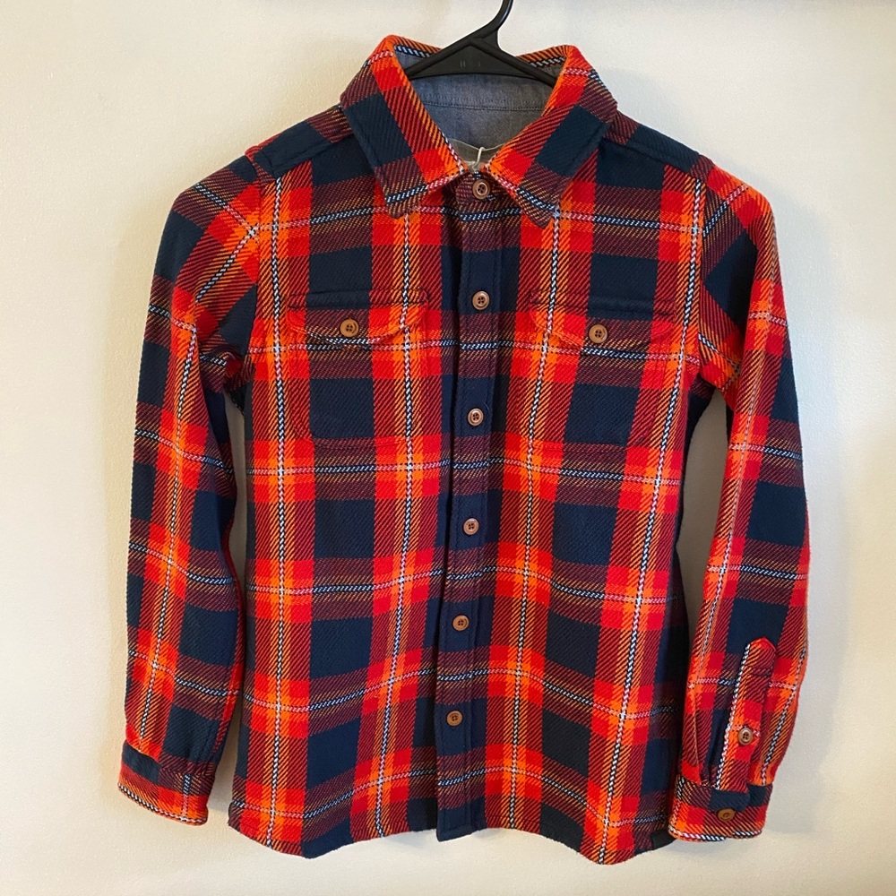 NWT Outerknown Boy M Organic Cotton Blanket Shirt Shacket Navy Blue Orange Black